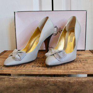 Lulu Guinness Rene High Heels Size 37 Silk Pin Stripe Retro Pointed Toe Pin Up